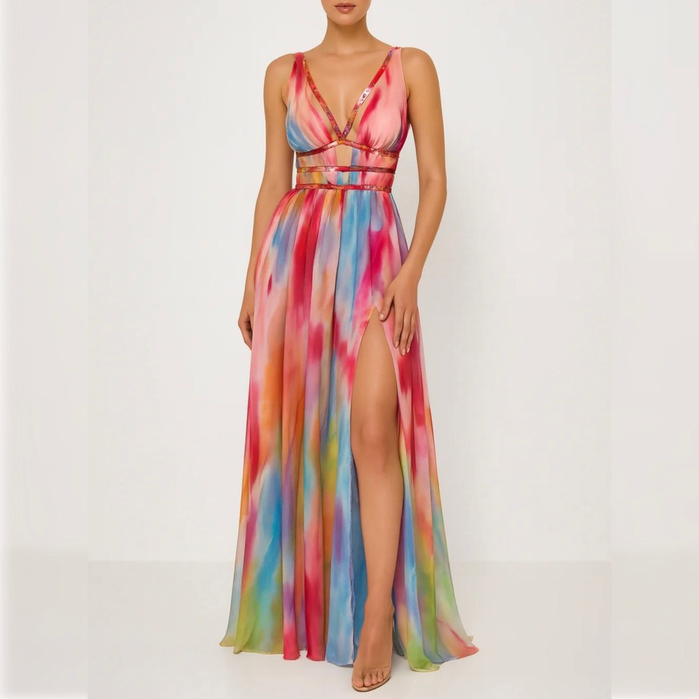 Bella Barnett Eileen Watercolor Print V-Neck Maxi Dress Small Leg Slit Chiffon